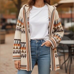Vintage 70s Hooded Chunky Knit Hippie Boho Stripe Cream Sweater Cardigan M - L